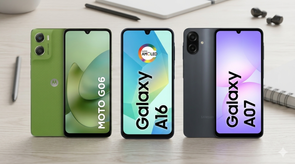 Comparativo de Smartphones: Samsung Galaxy A07, Motorola Moto G06 e Samsung Galaxy A16